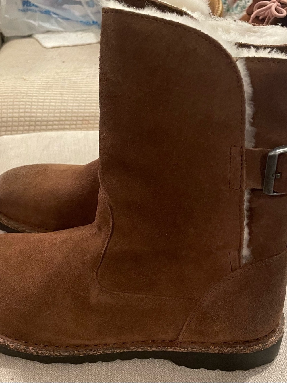 Birkenstock Brown Suede Shearling Ankle Boot with Buckle